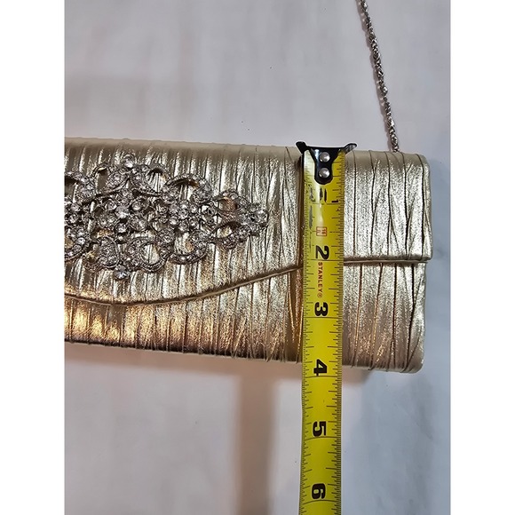 Raj Gold Metallic Pleated Clutch Evening Bag Rhinestone Embellished Chain Strap - Picture 8 of 9